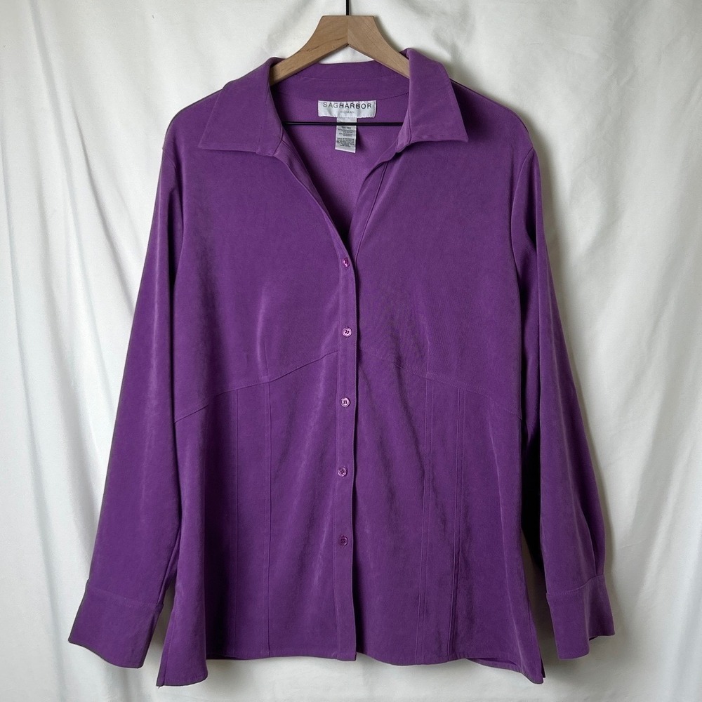 Sag Harbor Faux Suede Button Front Long Sleeve Shirt Purple Size 18W Casual